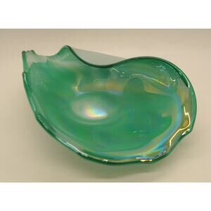 Vintage Polish Art Glass Bowl Folded Green Iridescent Dish Trinket Designer MCM